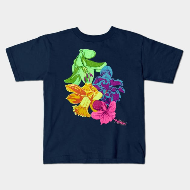 Octopus Flower Garden Kids T-Shirt by RaLiz